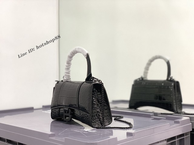 Balenciaga專櫃爆款xs小號手提女包 巴黎世家黑色鱷魚紋Hourglass鏈條沙漏包 fyj1697